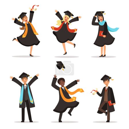 Illustration for Graduation of happy students at different nations. Vector illustration of university lifestyle. Student university, graduation and education, young character successful students - Royalty Free Image