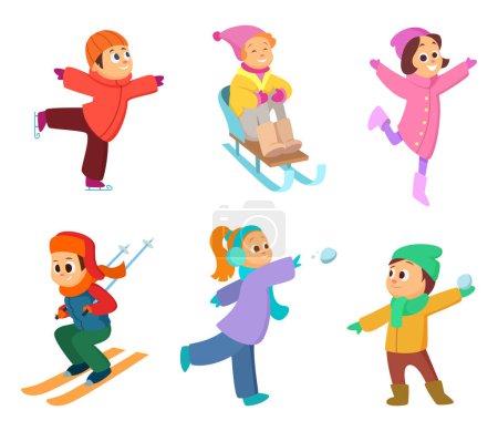 Illustration for Happy childrens playing in winter games. Cartoon funny characters. Winter game boy and girl play with snow. Vector illustration - Royalty Free Image