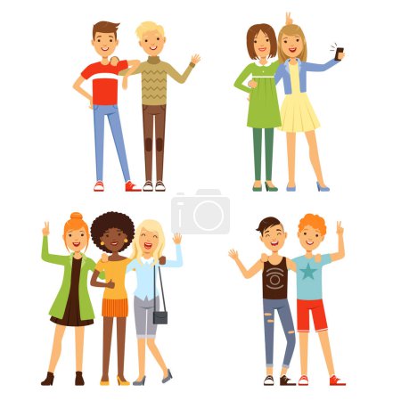 Illustration for Illustrations of friendship. Different male and female friends. Friendly groups people together, young different friends character vector - Royalty Free Image