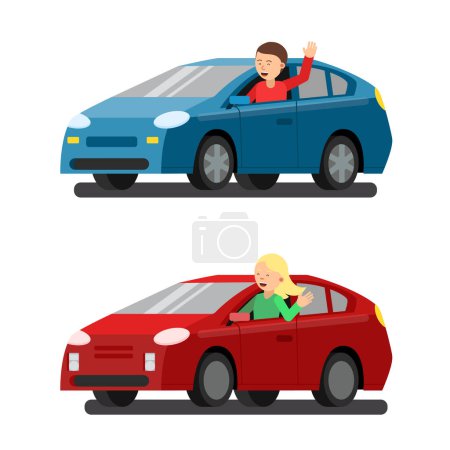 Ilustración de Ilustración de conductores masculinos y femeninos en coches. Imágenes vectoriales en estilo plano. Conductor de transporte mujer y hombre - Imagen libre de derechos