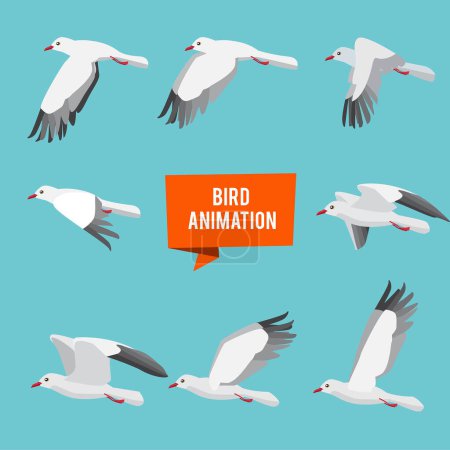 Ilustración de Marcos clave de la animación de aves voladoras. Animación mosca pájaro, animal vida silvestre pico de la mosca, vector de ilustración - Imagen libre de derechos