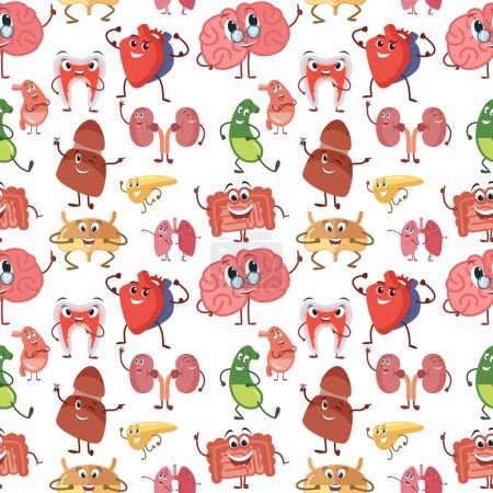 Illustration for Internal human organs with funny smiles, in cartoon style. Vector seamless pattern with bladder and cartoon brain illustration - Royalty Free Image
