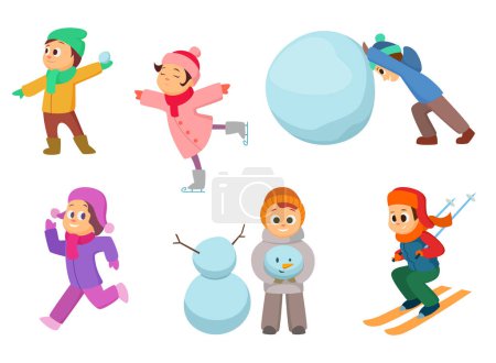 Téléchargez les illustrations : Les enfants jouent aux jeux d'hiver. Différents enfants en action posent. Garçon et fille jouent avec boule de neige. Illustration vectorielle - en licence libre de droit