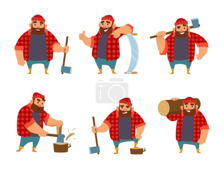 Téléchargez les illustrations : Lumberjack dans différentes poses d'action. Vecteur personnage drôle bûcheron personne avec illustration hache - en licence libre de droit