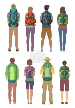Illustration for Man and woman standing with backpack outdoor. Vector pictures in cartoon style. People with backpacks for outdoor rest illustration - Royalty Free Image