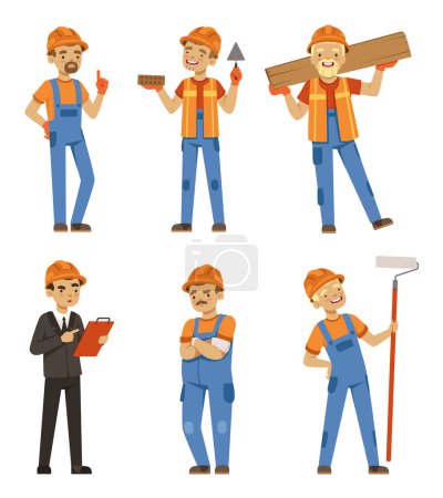 Illustration for Mascot design of builders in different action poses. Industrial workers in specific uniform. Worker builder and engineer character, repairman occupation industrial. Vector illustration isolate - Royalty Free Image