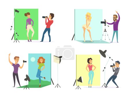 Illustration for Models male and female posing for photos. Photographers at works in the photo studio. Camera professional equipment for photo, model fashion, vector illustration - Royalty Free Image