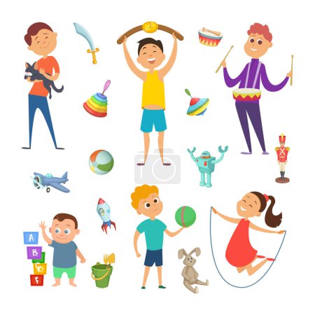 Illustration for Playground with funny characters of childrens which playing at different active games. Happy activity kids play game with toys. Vector illustration - Royalty Free Image