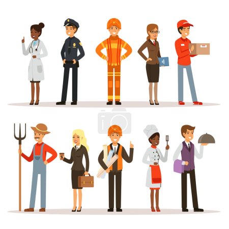 Illustration for People group in different professions. Fireman, doctor and teacher. Builder, policeman and courier. Vector characters profession worker and secretary illustration - Royalty Free Image