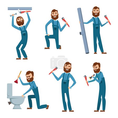 Illustration for Plumber at work. Characters design set. Plumber work, character occupation builder and repairman. Vector illustration - Royalty Free Image