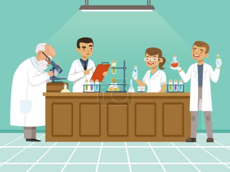 Ilustración de Químicos profesionales en su laboratorio hacen diferentes experimentos sobre la mesa. Trabajadores médicos y trabajadoras. Educación en ciencias químicas en laboratorio, investigación y experimentación - Imagen libre de derechos