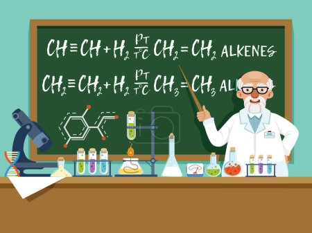 Illustration for Professor in his laboratory for experiments. Medical and chemical ingredients. Vector background illustration. Cartoon professor experiment chemistry in lab - Royalty Free Image