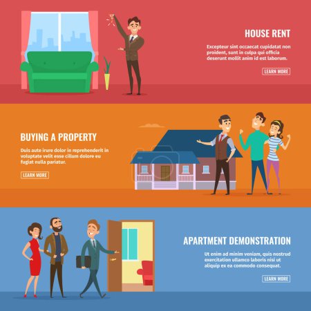 Illustration for Business concept illustrations set. Real estate agents selling different buildings to happy family couples. Vector building home with realtor agent banners of set - Royalty Free Image