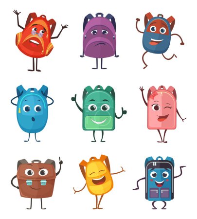 Illustration for Schoolbags characters with different emotions. Vector illustrations. Set of colored school backpack with face, leg and hand - Royalty Free Image