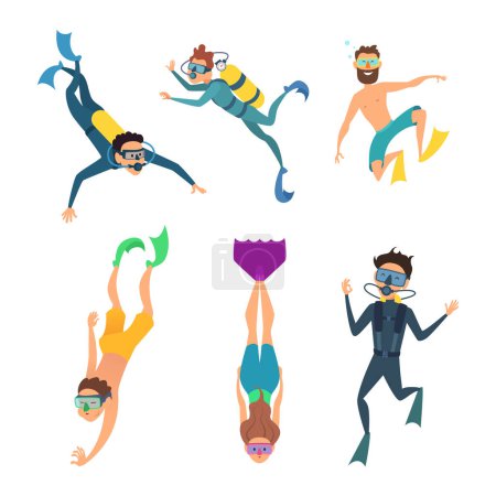 Illustration for Set of cartoon characters. Underwater divers man and woman with snorkel and mask, vector illustration - Royalty Free Image