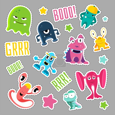 Illustration for Set of cute monsters and bubbles in the form of a retro patches. Cartoon monster patch, badge sticker in 90s style. Vector illustration - Royalty Free Image