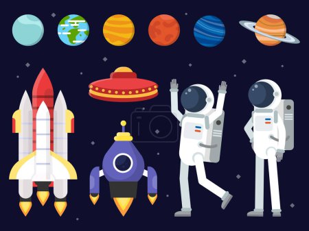 Ilustración de Conjunto de planetas, transbordadores espaciales y astronautas en estilo plano. Cohete y astronauta, nave espacial y lanzadera. Ilustración vectorial - Imagen libre de derechos