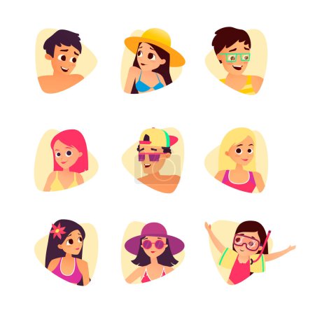 Illustration for Set of summer cartoon characters. People avatars, summer girl and boy. Vector illustration - Royalty Free Image