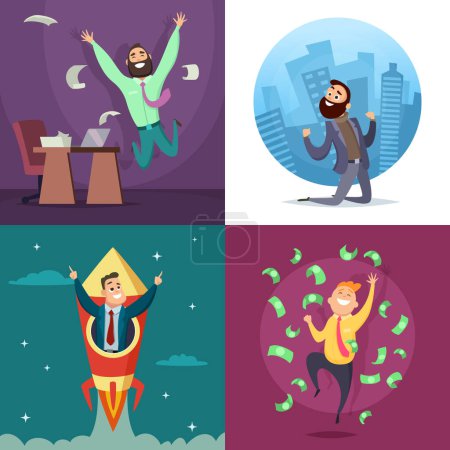 Illustration for Successful funny and happy businessmen in active poses. Business concept illustrations set. Businessman people character, success and happy vector - Royalty Free Image