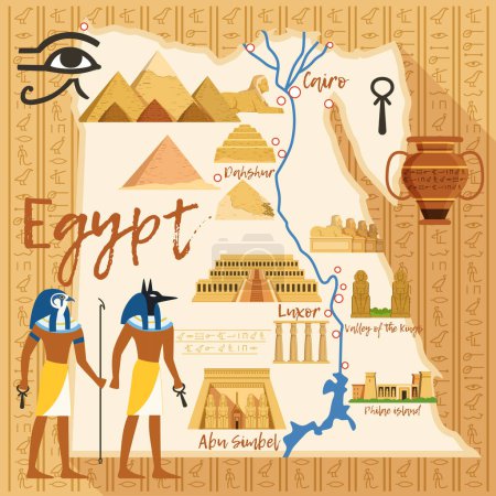 Illustration for Stylized Map of Egypt with different cultural objects and landmarks. Egypt map travel with ancient landmark sphinx and pyramid. Vector illustration - Royalty Free Image