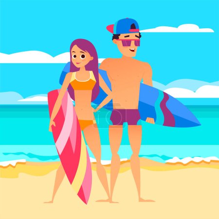 Illustration for Surfing summer vacation, Guy with a girl on the beach holding their surfboards. Summer beach, man and woman travel surfboard illustration - Royalty Free Image