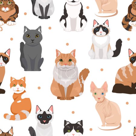 Illustration for Vector seamless pattern of cute cats. Colored pictures of pets. Cat pet animal pattern background illustration - Royalty Free Image