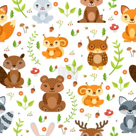 Illustration for Vector seamless pattern of forest animals and summer plants. Seamless pattern forest plant and animal illustration - Royalty Free Image
