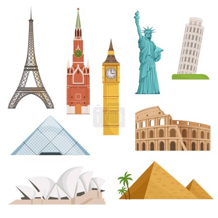 Illustration for Different world famous symbols set isolate on white. Historical buildings, landmarks. Travel building landmark famous, monument architecture. Vector illustration - Royalty Free Image