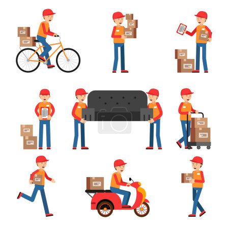 Illustration for Workers of delivery. Different characters set. Service man worker delivery, courier with package. Vector illustration - Royalty Free Image