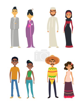 Téléchargez les illustrations : Groupe mondial de peuples internationaux dans le style de dessin animé. Illustration vectorielle arabique et africaine, mexicaine et japonaise - en licence libre de droit