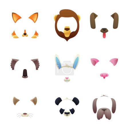 Téléchargez les illustrations : Visages d'animaux pour filtres vidéo ou photo. Masque avatar animal avec nez et museau, illustration vectorielle - en licence libre de droit