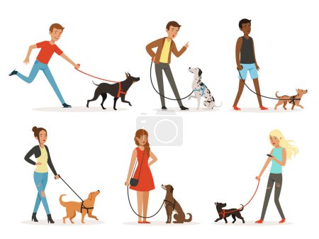 Téléchargez les illustrations : L'amitié animale. Des gens heureux marchant avec des chiens drôles. Illustrations dans le style de dessin animé chien et homme, chiens heureux avec les gens - en licence libre de droit