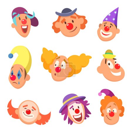 Illustration for Avatar set of funny clowns with different emotions. Collection of clown face character. Vector illustration - Royalty Free Image