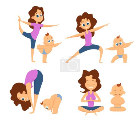 Illustration for Baby yoga. Mutual exercises with mother and her baby. Different poses and exercises for beginners. Cartoon characters. Yoga mother and baby, pose of body healthy exercise. Vector illustration - Royalty Free Image