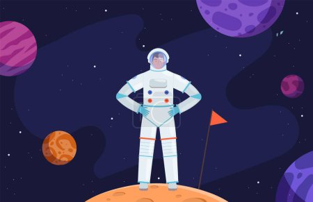 Ilustración de Astronauta en el espacio. Colonización del planeta rojo, cosmonauta de dibujos animados en la ilustración del vector del universo. Colonización y exploración en el universo - Imagen libre de derechos