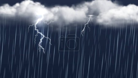 Autumn thunderstorm. Rain clouds and lightning. Realistic rainy, season bad weather vector banner. Weather rainy shower, overcast cloud