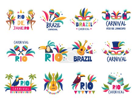 Téléchargez les illustrations : Badges Brésil. Carnaval coloré Rio festival de samba muzical défilé collection d'illustrations vectorielles récentes. Logo design Brésil, carnaval rio vacances brésiliennes - en licence libre de droit
