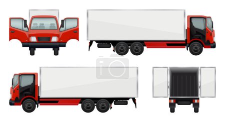 Illustration for Delivery trucks. Cars opening doors realistic vehicles in various views front and back decent vector trucks collection. Illustration truck vehicle for shipping cargo - Royalty Free Image