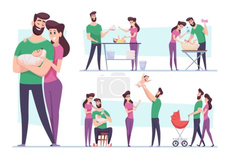 Happy family. Lovely couple mother and father taking care to new born child mom breastfeeding embracing infant kid exact vector cartoon illustrations. Mother and father love baby, family with child
