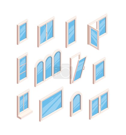 Illustration for Glass window frames. Open and closed room windows different types of transparent glass garish vector isometric illustrations. Architecture window architectural to apartment interior - Royalty Free Image