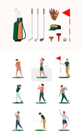 Illustration for Golf characters. Sport healthy activities white ball red flag hit stick active game garish vector accessories for golfiers. Illustration sport golf character, healthy player - Royalty Free Image