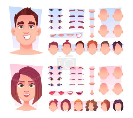 Illustration for Male face constructor. Man face parts avatar creation kit lips nose eyes head various emotions vector illustrations in cartoon style. Face part emotion, kit of head, hair and nose, lips and mouth - Royalty Free Image
