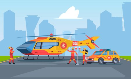 Illustration for Medical care transport. Urban accident hospital fast rescue service lifeguard urgent disaster garish vector flat background illustration. Helicopter emergency, medical transport and hospital - Royalty Free Image
