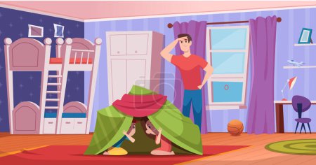 Illustration for Kids room. Colored cozy interior children room with tent and toys exact vector cartoon background. Illustration childhood comfortable apartment, cozy interior for game - Royalty Free Image
