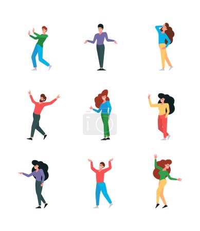 Illustration for People emotions. Happy sullen angry hate and contented flat characters in action poses garish vector emotions of various persons isolated. Illustration people have problem stress and frustration - Royalty Free Image