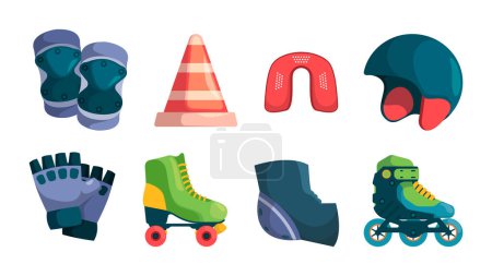 Illustration for Roller items. Accessories for urban skate park retro rollers of 80s gloves helmet healthy activities tools garish vector cartoon illustrations. Roller fitness equipment to protect and safety work out - Royalty Free Image