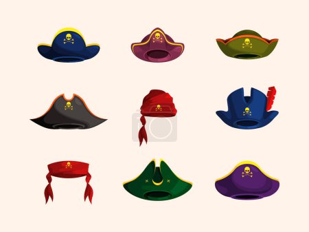 Illustration for Pirate bandanas. Sailor hats captain clothes carnival costumes garish vector flat pictures set isolated. Illustration captain of hat pirate, sailor costume or corsair - Royalty Free Image