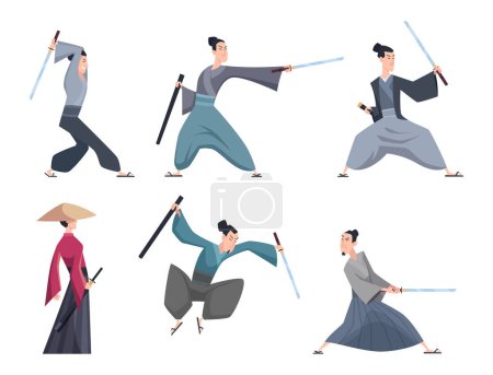Ilustración de Samurai. Varón asiático guerreros con espada de acción diversas plantea personajes de dibujos animados vector exacta aislado. Ilustración asiático japón guerrero con katana - Imagen libre de derechos