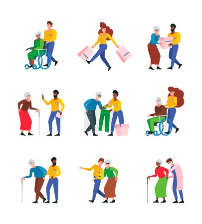 Social help. Characters persons male and female workers of support service helping to seniors elderly characters caring nurse garish vector cartoon collection. Illustration character senior supported
