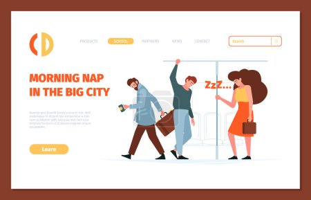 Illustration for Tired person landing. Stressed office people sleeping managers male and female garish vector business web page template. Tired character exhausted in transport subway or bus illustration - Royalty Free Image